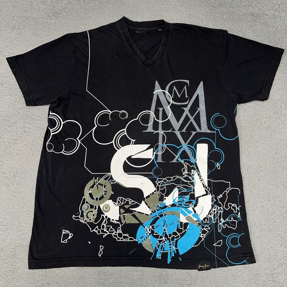 VTG Sean John‎ T Shirt Men's Size XL Black Abstract Print V Neck MCMLXIX Tee Y2k